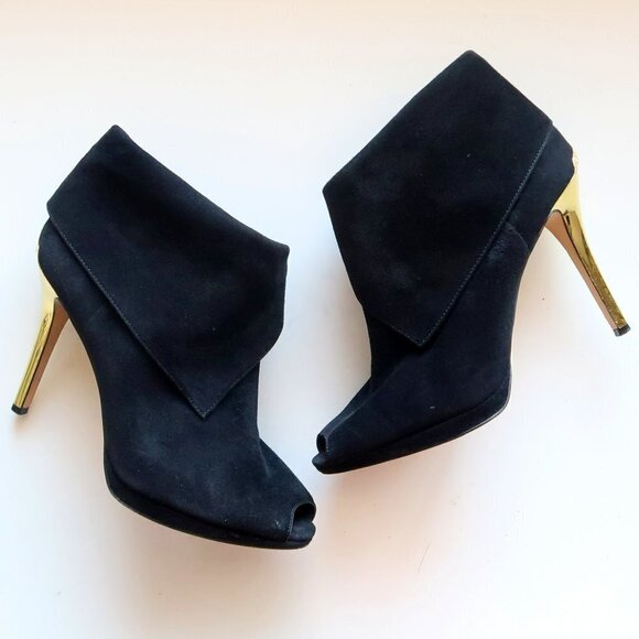 Michael Kors Black Suede Leather Peep Toe Gold Heel Ankle Boots / Booties Sz. 10 - Picture 16 of 16